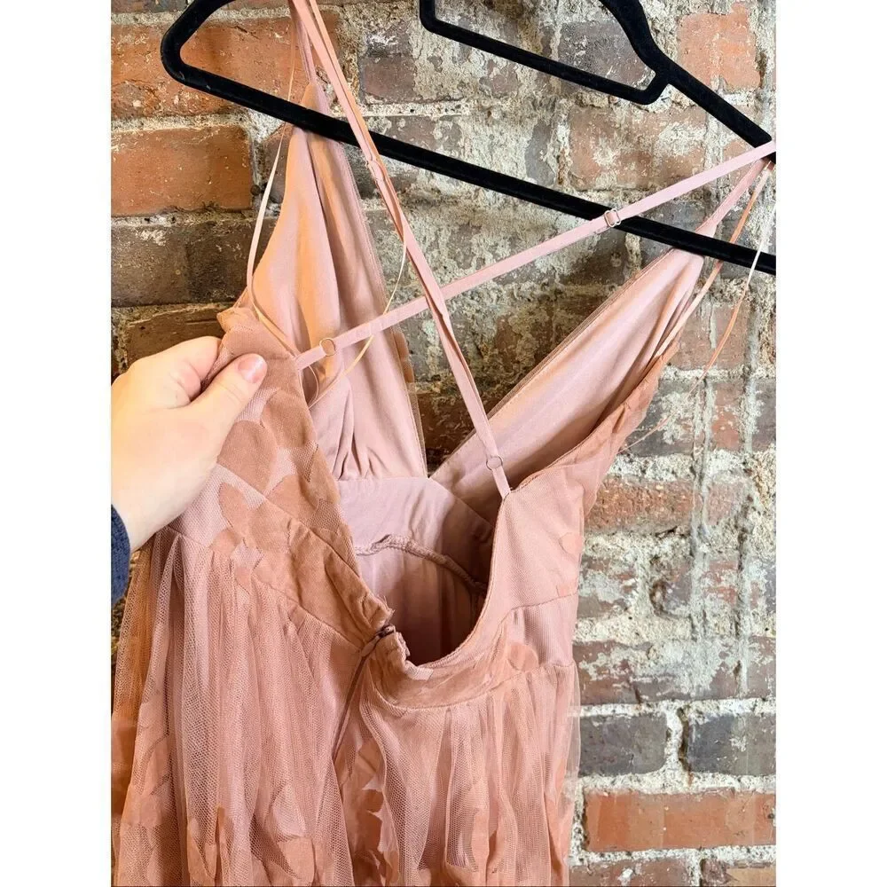LUXXEL •  Blush Pink Velvet Floral and Tulle Deep V Plunge Back Spaghetti Cross
